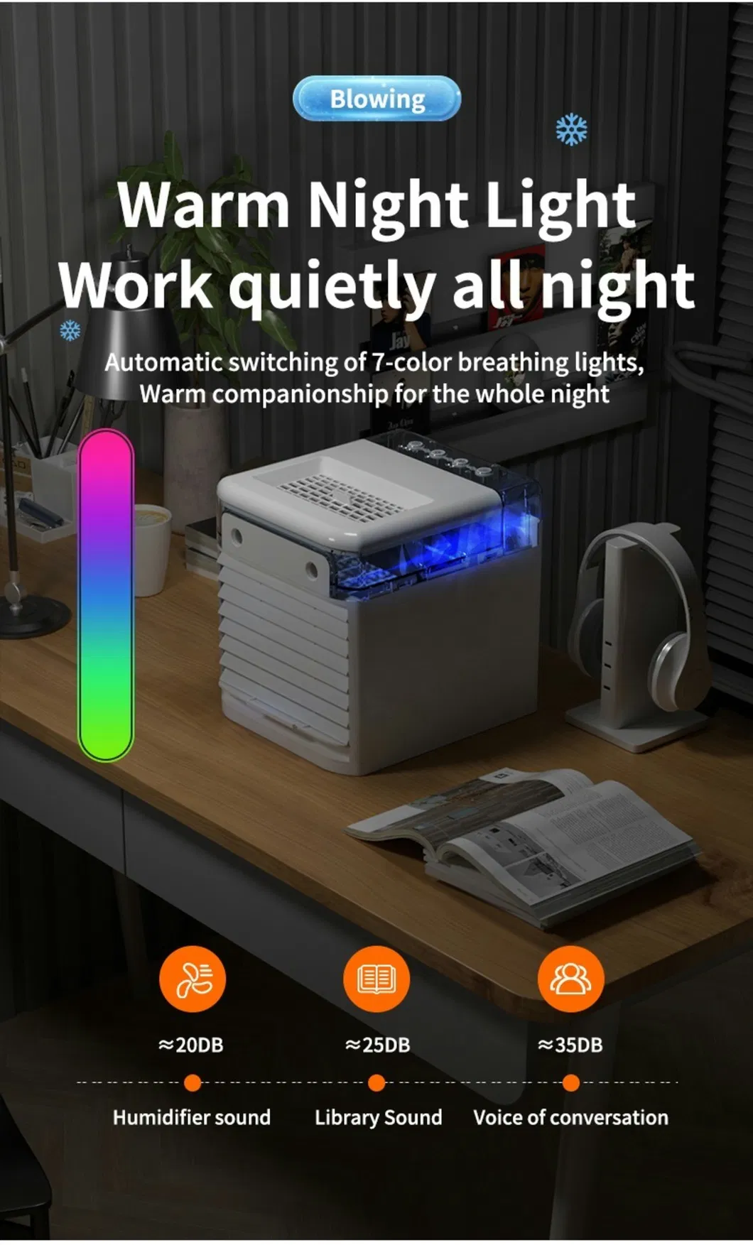Portable Mini Air Evaporative Cooler Conditioner Fan with 7 Colors LED Light/1/2/3 H Timer/3 Wind Speeds and 3 Spray Mode